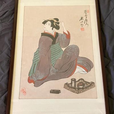 Antique 19th-Century Japanese Ukiyo-e Sumi-e Painting: Elegant Geisha with Incense Burner – Utagawa Kuniyoshi School, Framed in Rosewood