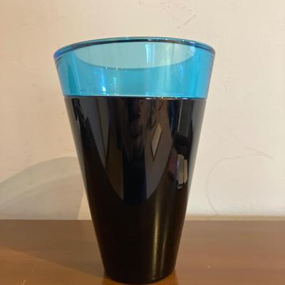 Signed Susaki Black Glass Vase with Turquoise Rim - 7" Modern Japanese Studio Art Piece