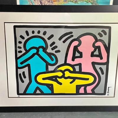 Keith Haring Framed Print - "See No Evil, Hear No Evil, Speak No Evil" - 43” x 35” (1980s Pop Art, Signed)