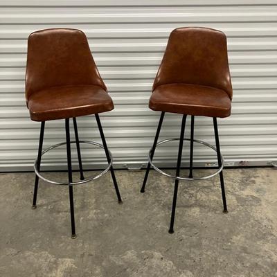 1970s Cosco Cognac Pair of Brown Swivel Barstool Chairs.