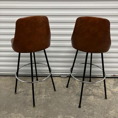 1970s Cosco Cognac Pair of Brown Swivel Barstool Chairs.
