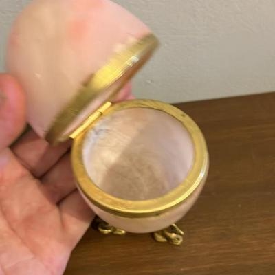 Vintage Italian Egg-Shaped Pink Alabaster Trinket Box with Gold Trim, Circa 1960s-1970s