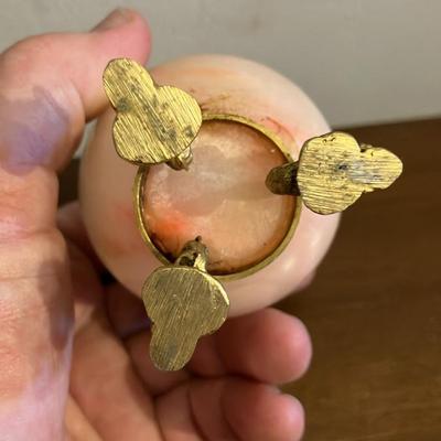 Vintage Italian Egg-Shaped Pink Alabaster Trinket Box with Gold Trim, Circa 1960s-1970s