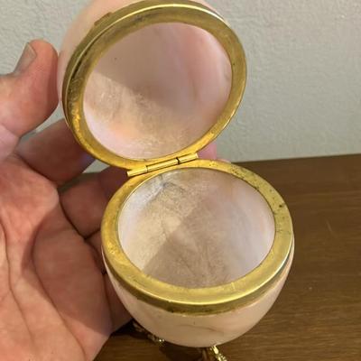 Vintage Italian Egg-Shaped Pink Alabaster Trinket Box with Gold Trim, Circa 1960s-1970s