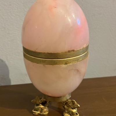 Vintage Italian Egg-Shaped Pink Alabaster Trinket Box with Gold Trim, Circa 1960s-1970s