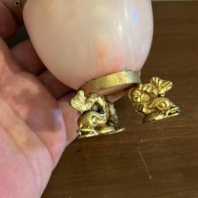 Vintage Italian Egg-Shaped Pink Alabaster Trinket Box with Gold Trim, Circa 1960s-1970s