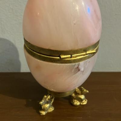 Vintage Italian Egg-Shaped Pink Alabaster Trinket Box with Gold Trim, Circa 1960s-1970s