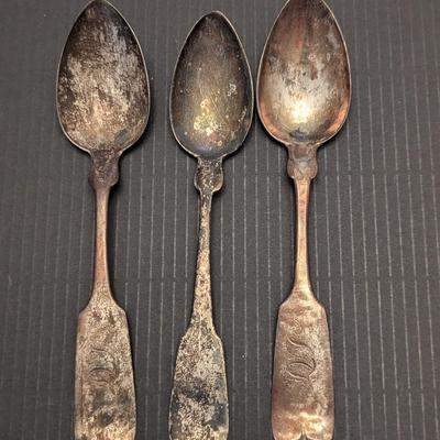 Sale Photo Thumbnail #3264: 2 Pieces OfAntique Victorian J & W Moir Silver Fiddleback Serving Spoon 19th Century Handmade American Flatware 1844-1869 & 1 Marked Spoon 54g