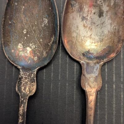 Sale Photo Thumbnail #3265: 2 Pieces OfAntique Victorian J & W Moir Silver Fiddleback Serving Spoon 19th Century Handmade American Flatware 1844-1869 & 1 Marked Spoon 54g