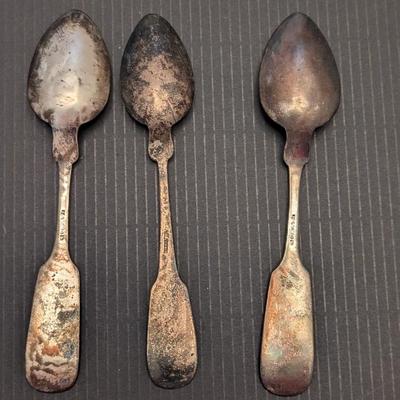 Sale Photo Thumbnail #3268: 2 Pieces OfAntique Victorian J & W Moir Silver Fiddleback Serving Spoon 19th Century Handmade American Flatware 1844-1869 & 1 Marked Spoon 54g