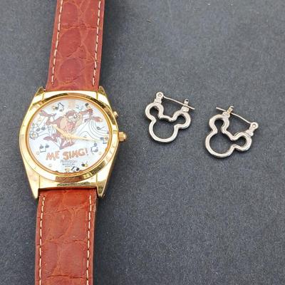 Sterling silver Mickey Mouse earrings and an Armitron Tasmanian Devil musical watch