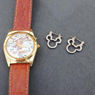 Sterling silver Mickey Mouse earrings and an Armitron Tasmanian Devil musical watch
