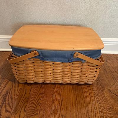 Large Longaberger Basket with Lid, Blue Fabric Liner & Divided Protector