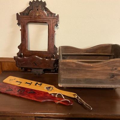 Sale Photo Thumbnail #189: Wooden magazine rack, wooden fraternity paddles