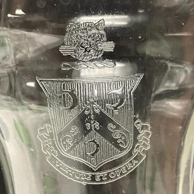 Sale Photo Thumbnail #232: Etched in the glasses are Virtus ET Opera which translates to Virtue and Work
This is associated with a fraternity or sorority. 
1 chipped glass as shown
