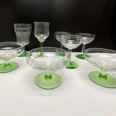 Sale Photo Thumbnail #227: Etched in the glasses are Virtus ET Opera which translates to Virtue and Work
This is associated with a fraternity or sorority. 
1 chipped glass as shown