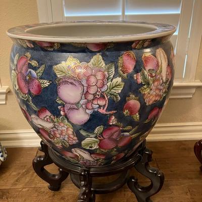 Sale Photo Thumbnail #125: Medium sized fruit and floral pattern Chinese floor vase with wooden base, measuring 10" H x 12.5" diameter