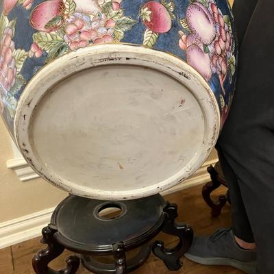 Sale Photo Thumbnail #128: Medium sized fruit and floral pattern Chinese floor vase with wooden base, measuring 10" H x 12.5" diameter