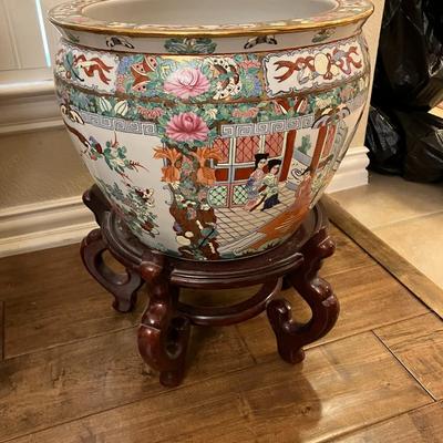 Sale Photo Thumbnail #129: Medium Chinese floor vase with wooden base measuring 10" H x 12.5" diameter