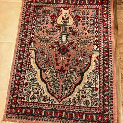 Sale Photo Thumbnail #142: Pink/red Persian rug with normal wear, no significant damage, mild ink bleed. In good condition. Measures 37" L x 26" W