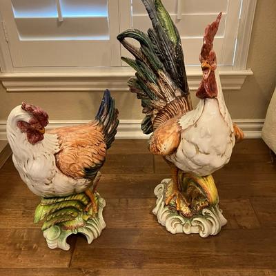Sale Photo Thumbnail #144: Ceramic Rooster & Hen set with rooster measuring 23" H and hen measuring 17" H. Solid pieces in excellent condition.