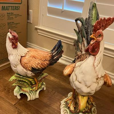 Sale Photo Thumbnail #146: Ceramic Rooster & Hen set with rooster measuring 23" H and hen measuring 17" H. Solid pieces in excellent condition.