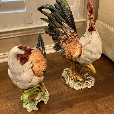 Sale Photo Thumbnail #145: Ceramic Rooster & Hen set with rooster measuring 23" H and hen measuring 17" H. Solid pieces in excellent condition.