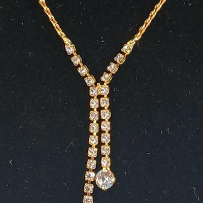 Vintage double ball adjustable necklace - V shape red Rhinestone necklace - v shape cubic necklace - and rhinestone drop tie like necklace