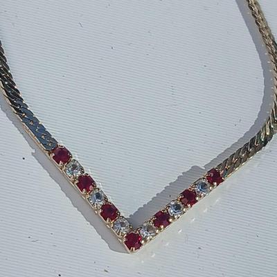 Vintage double ball adjustable necklace - V shape red Rhinestone necklace - v shape cubic necklace - and rhinestone drop tie like necklace