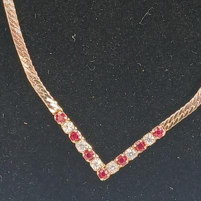 Vintage double ball adjustable necklace - V shape red Rhinestone necklace - v shape cubic necklace - and rhinestone drop tie like necklace