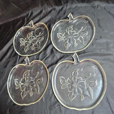 Four vintage Apple by Orchard 8" luncheon snack plates with Six Hazel Atlas glass snack cups