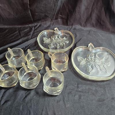 Four vintage Apple by Orchard 8" luncheon snack plates with Six Hazel Atlas glass snack cups