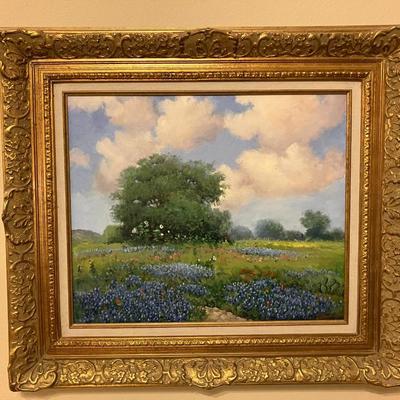 Sale Photo Thumbnail #147: Betty Lou Voorhis oil on canvas, Texas bluebonnet painting measuring 28.5" H x 32" W in gorgeous gold frame. Value est. $400