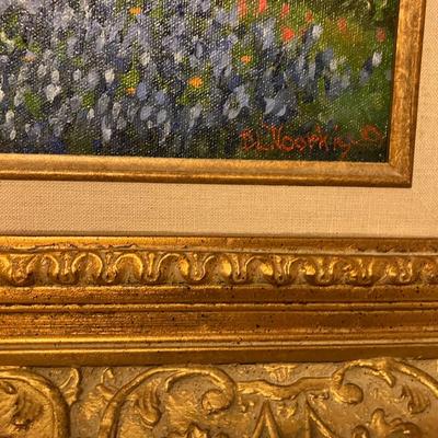 Sale Photo Thumbnail #148: Betty Lou Voorhis oil on canvas, Texas bluebonnet painting measuring 28.5" H x 32" W in gorgeous gold frame. Value est. $400