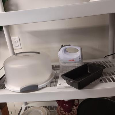 IMUSA HAND MIXER, WILTON LOAF PAN AND A CAKE CARRIER