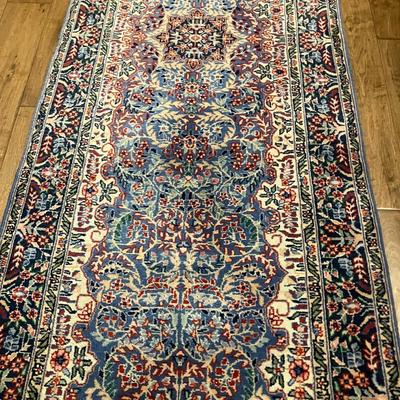 Sale Photo Thumbnail #177: Persian rug blue runner measuring 112" L x 30" W, excellent condition with normal wear but no damage