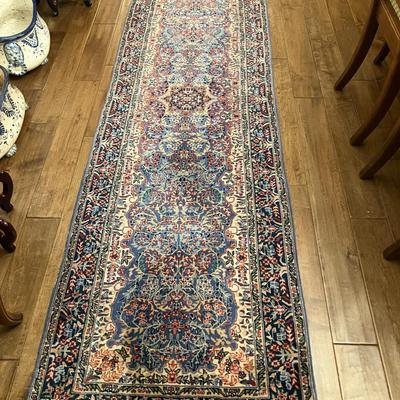 Sale Photo Thumbnail #176: Persian rug blue runner measuring 112" L x 30" W, excellent condition with normal wear but no damage