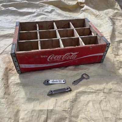 Vintage wooden Coca-Cola wood Crate - wood coke box - with collection of bottle openers