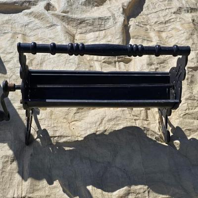 Pair of vintage Cast Iron Andirons - With antique Cast Iron paper / newspaper log roller wood handle crank Fireplace tools