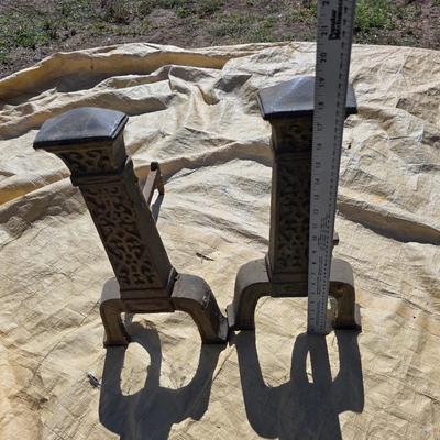 Pair of vintage Cast Iron Andirons - With antique Cast Iron paper / newspaper log roller wood handle crank Fireplace tools
