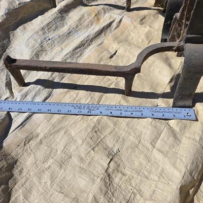 Pair of vintage Cast Iron Andirons - With antique Cast Iron paper / newspaper log roller wood handle crank Fireplace tools
