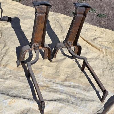 Pair of vintage Cast Iron Andirons - With antique Cast Iron paper / newspaper log roller wood handle crank Fireplace tools