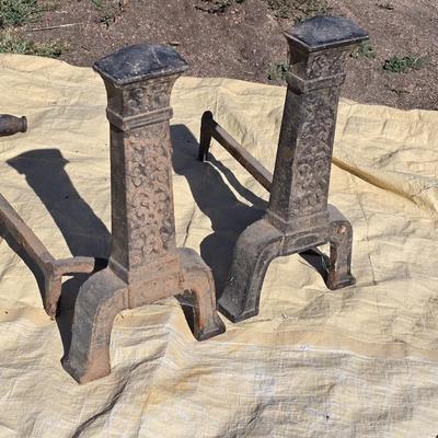 Pair of vintage Cast Iron Andirons - With antique Cast Iron paper / newspaper log roller wood handle crank Fireplace tools