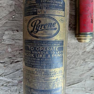 Vintage brass Fire Extinguishers - Pyrene manufacturing - and vintage Presto CB motorcycle fire extinguisher