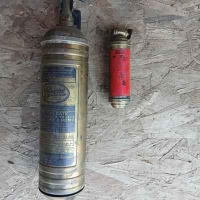 Vintage brass Fire Extinguishers - Pyrene manufacturing - and vintage Presto CB motorcycle fire extinguisher