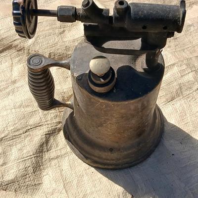 Antique Brass blow torch with wooden rustic handle Unrestored blow torch
