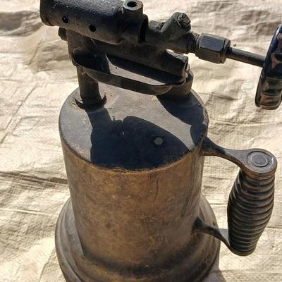 Antique Brass blow torch with wooden rustic handle Unrestored blow torch