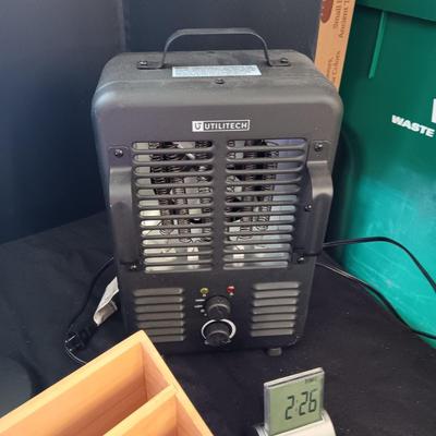 ELECTRIC HEATER, DESK LAMP, WOODEN ORGANIZER AND A CLOCK