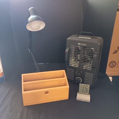 ELECTRIC HEATER, DESK LAMP, WOODEN ORGANIZER AND A CLOCK