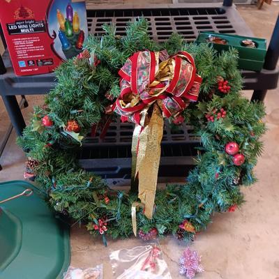 CHRISTMAS DECORATIONS & TREE STAND PLUS A VALENTINES WREATH